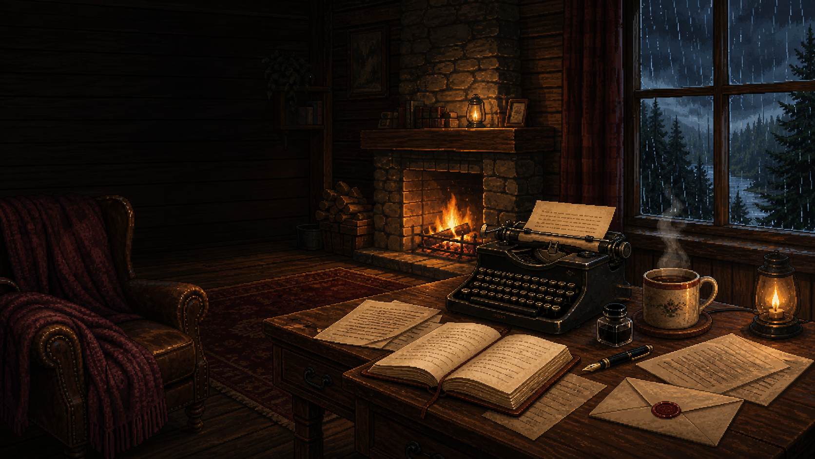 A warm pixel-art cabin with a glowing fireplace, leather armchair, typewriter, open diary, fountain pen, steaming tea, sealed envelope, and a rainy forest window.